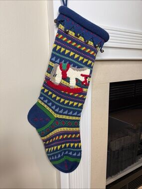 Jabara Hand-Knit Large Christmas Stocking Rocking Horse Green Red Blue Yellow